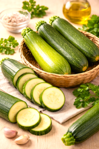 :
fresh whole and sliced zucchini in a basket with herbs and olive oil