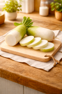 sliced Korean winter radish on a wooden cutting board showing white flesh