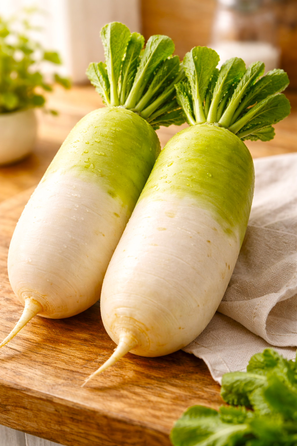 two fresh Korean winter radish on a wooden cutting board with green leaves