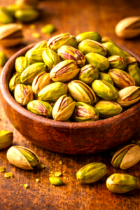 green pistachios in a wooden bowl — pistachio antioxidant capacity higher than blueberries according to Cornell University research