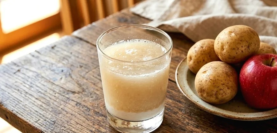 A glass of homemade potato and apple juice illustrating key raw potato juice benefits for gut health
