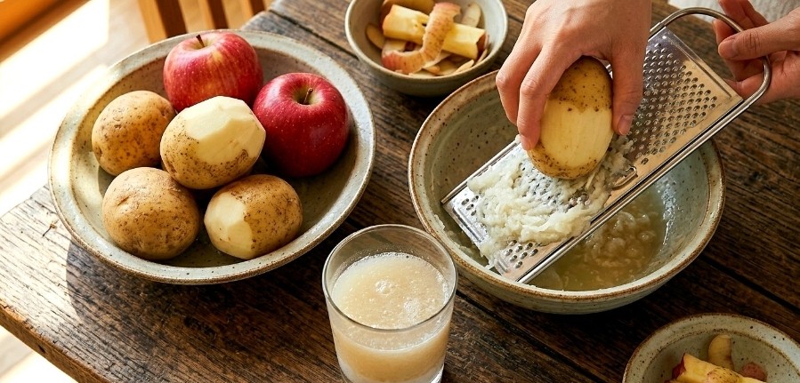 Using a traditional grater to prepare raw potato juice for maximum digestive benefits
