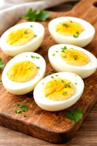 boiled eggs sliced showing yolk — easy high protein breakfast food