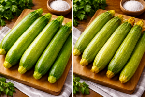 side by side comparison of fresh bright green zucchini versus older dull zucchini