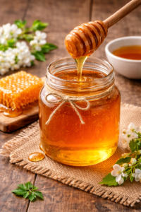 raw local honey in jar with honeycomb natural remedy for seasonal allergies