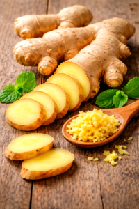 fresh ginger root sliced showing anti-inflammatory compounds for allergy relief