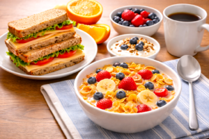 Western meal with sandwich and cereal showing high carbohydrate meal structure